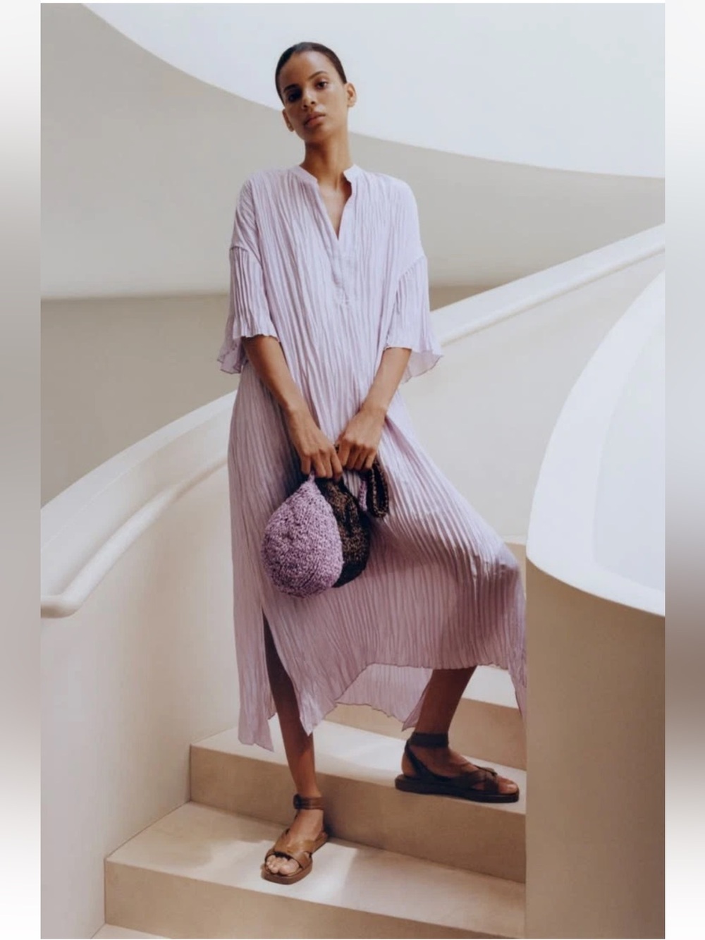 Vince Violet Lilac Flared Sleeve V-Neck Crushed Relaxed Fit Midi Dress Women 2X